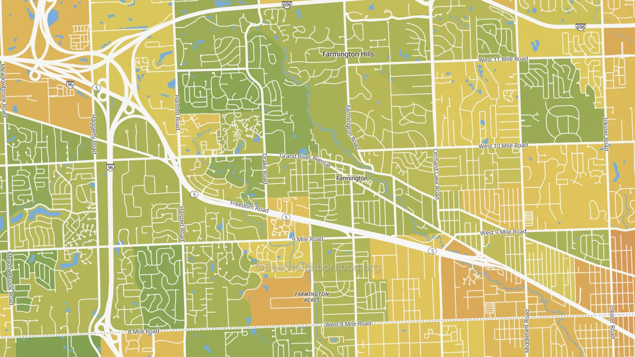 Map of the best neighborhoods in the Farmington area, with better matches in green and worse matches in red
