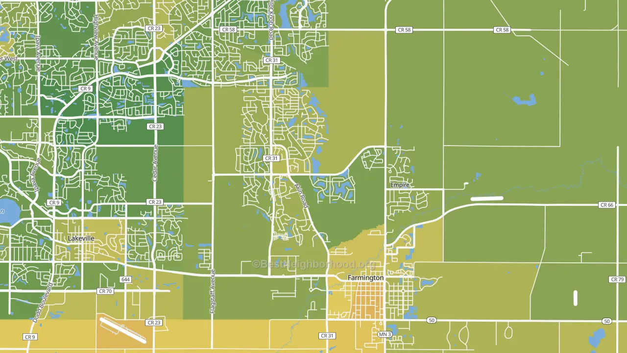 Map of the best neighborhoods in the Farmington area, with better matches in green and worse matches in red