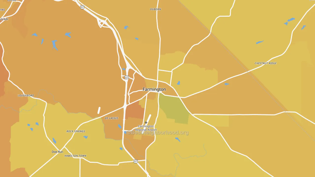 Map of the best neighborhoods in the Farmington area, with better matches in green and worse matches in red