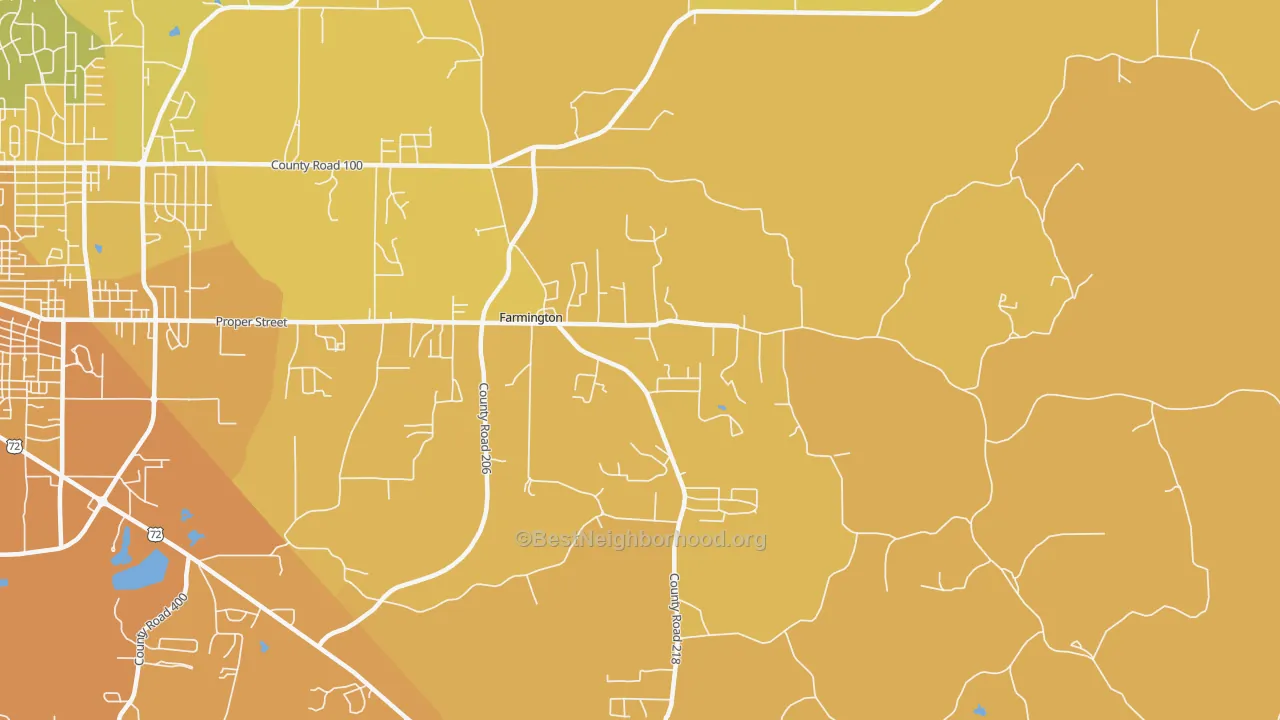 Map of the best neighborhoods in the Farmington area, with better matches in green and worse matches in red