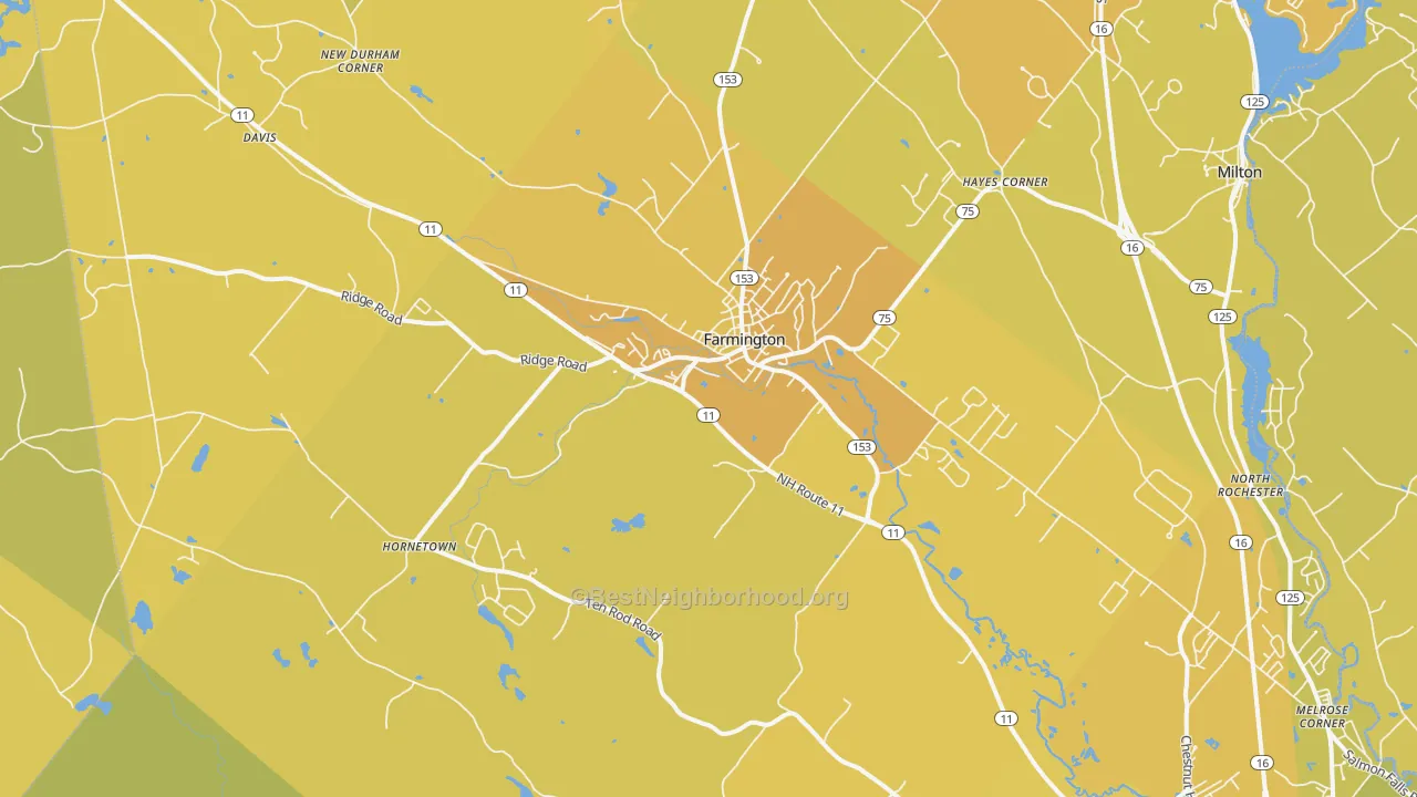 Map of the best neighborhoods in the Farmington area, with better matches in green and worse matches in red