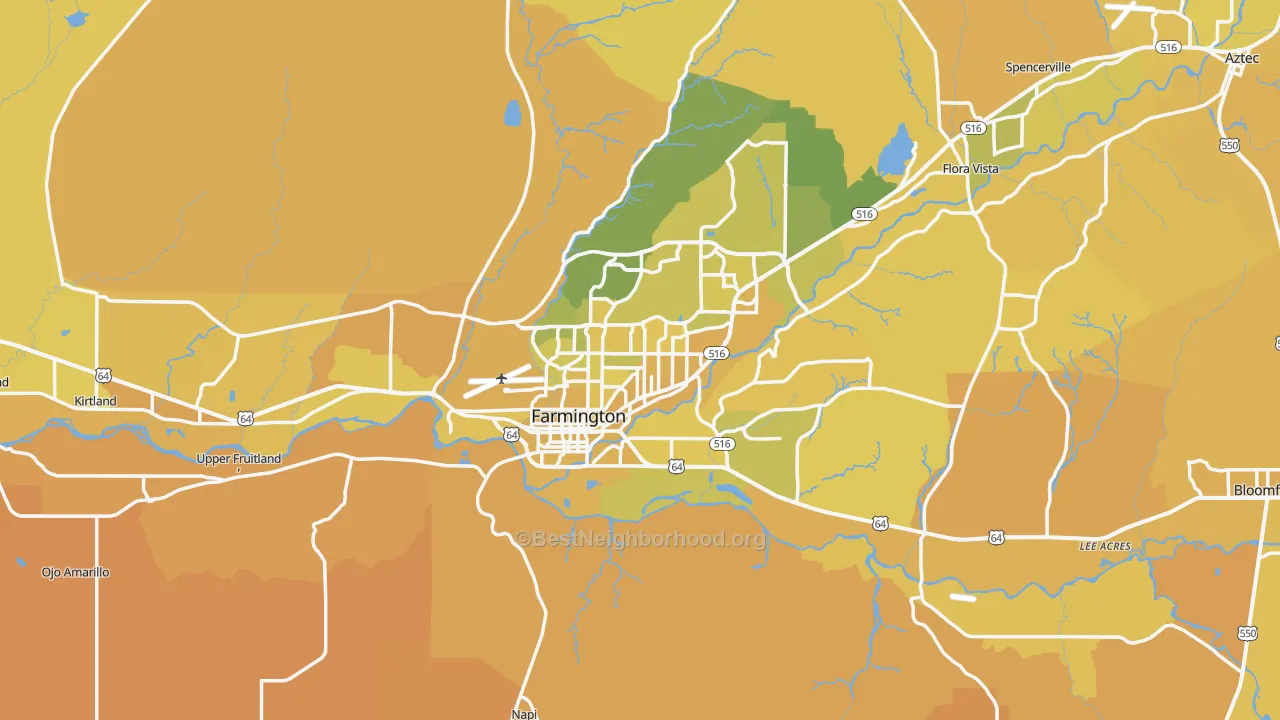 Map of the best neighborhoods in the Farmington Metro area, with better matches in green and worse matches in red