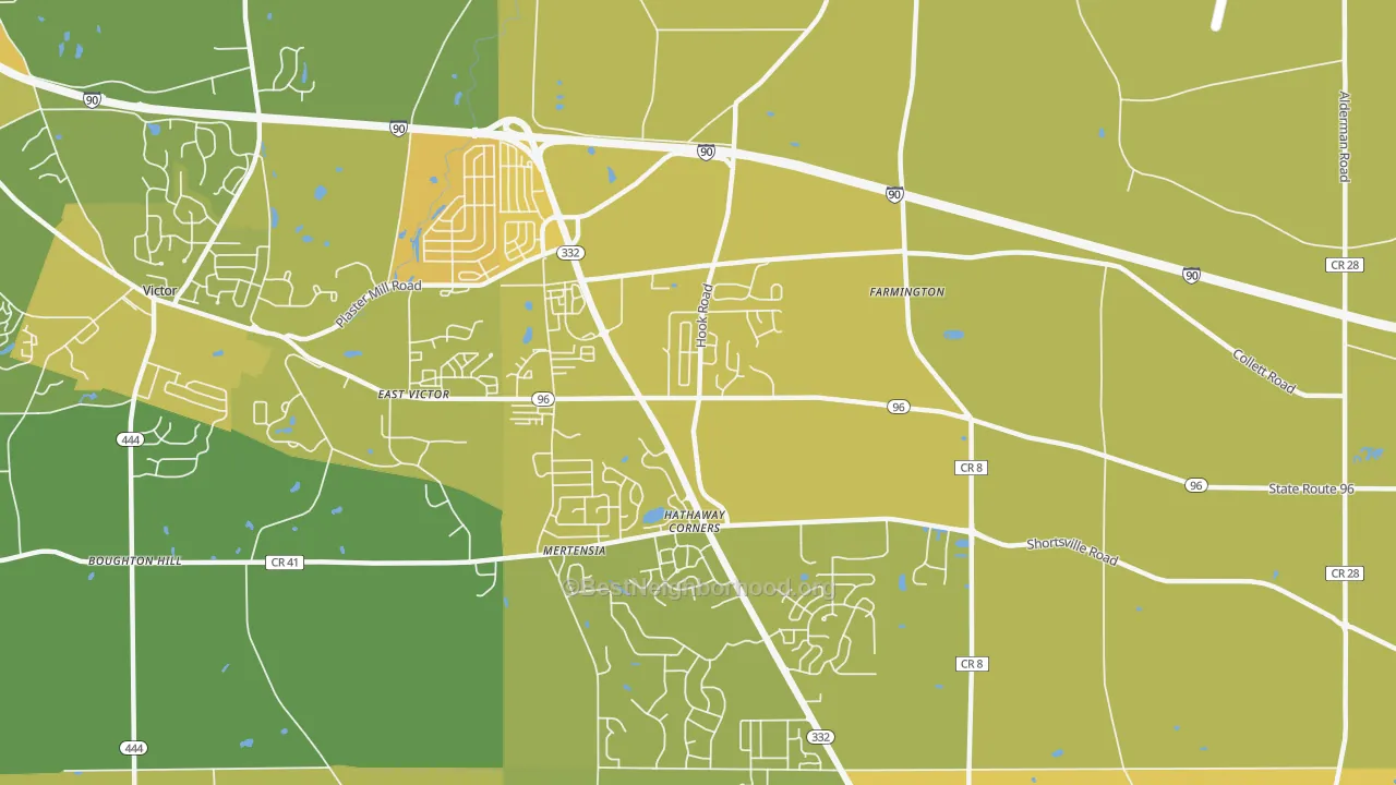 Map of the best neighborhoods in the Farmington area, with better matches in green and worse matches in red