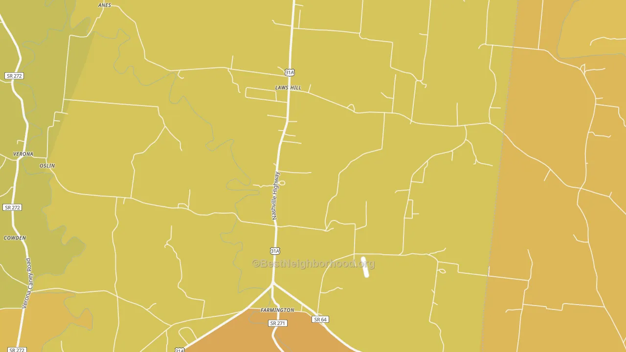 Map of the best neighborhoods in the Farmington area, with better matches in green and worse matches in red
