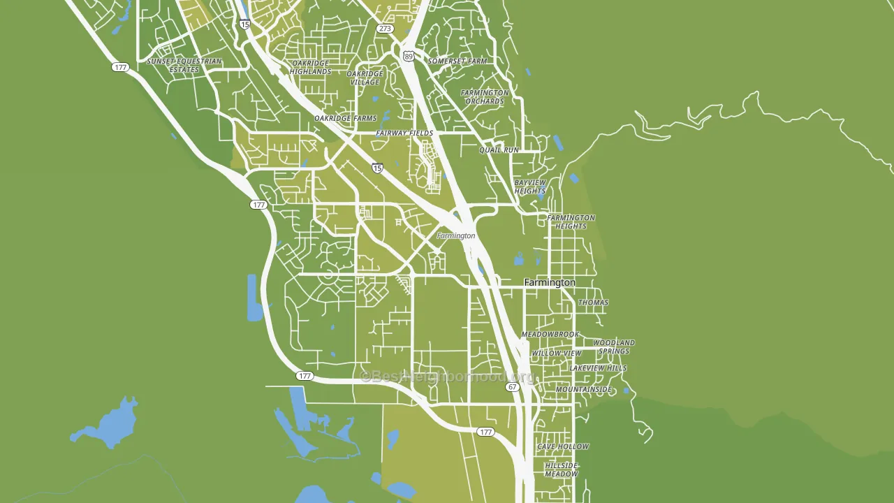 Map of the best neighborhoods in the Farmington area, with better matches in green and worse matches in red