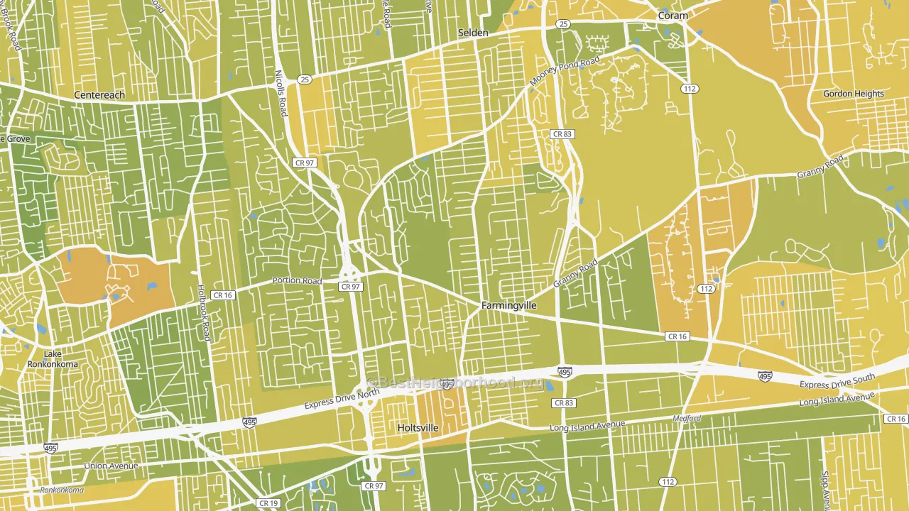 Map of the best neighborhoods in the Farmingville area, with better matches in green and worse matches in red