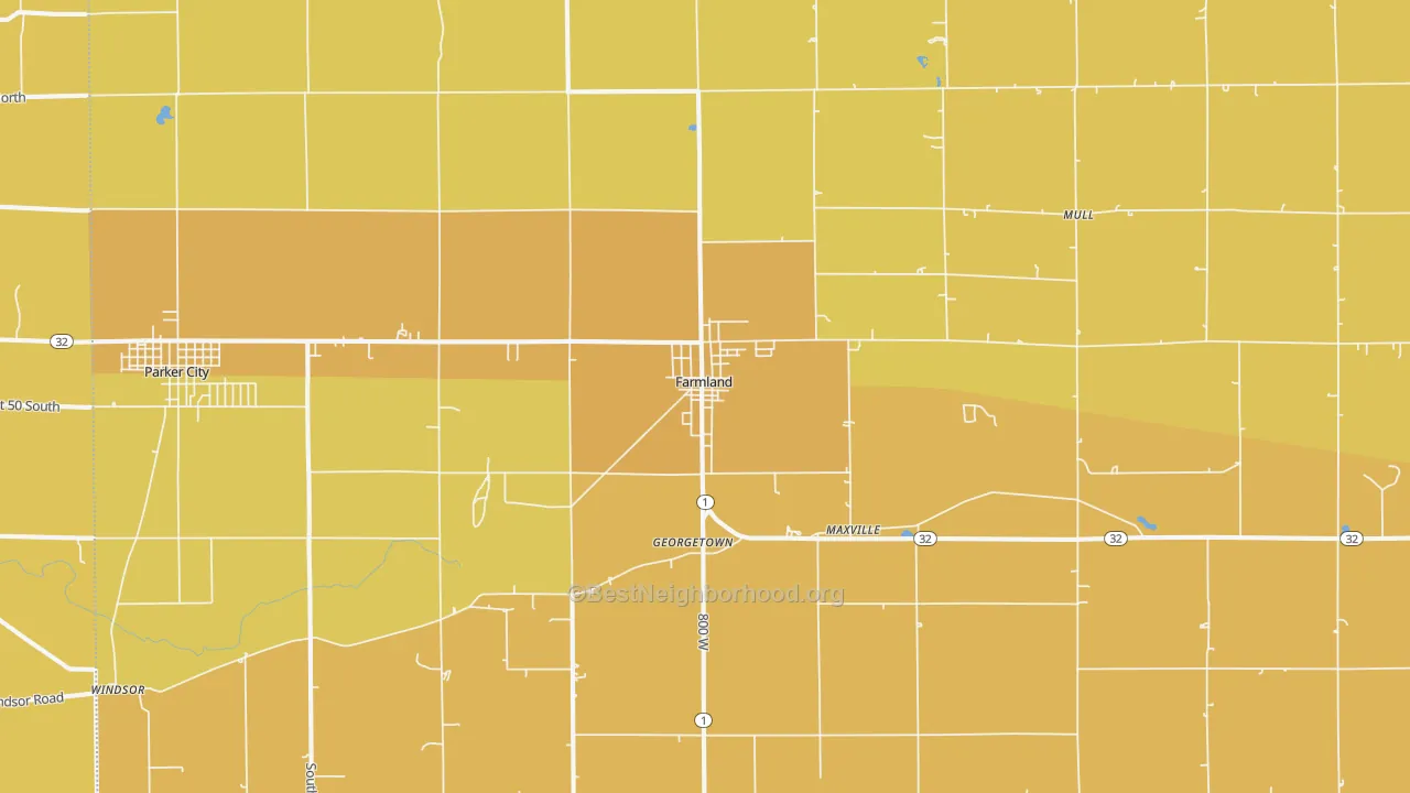 Map of the best neighborhoods in the Farmland area, with better matches in green and worse matches in red