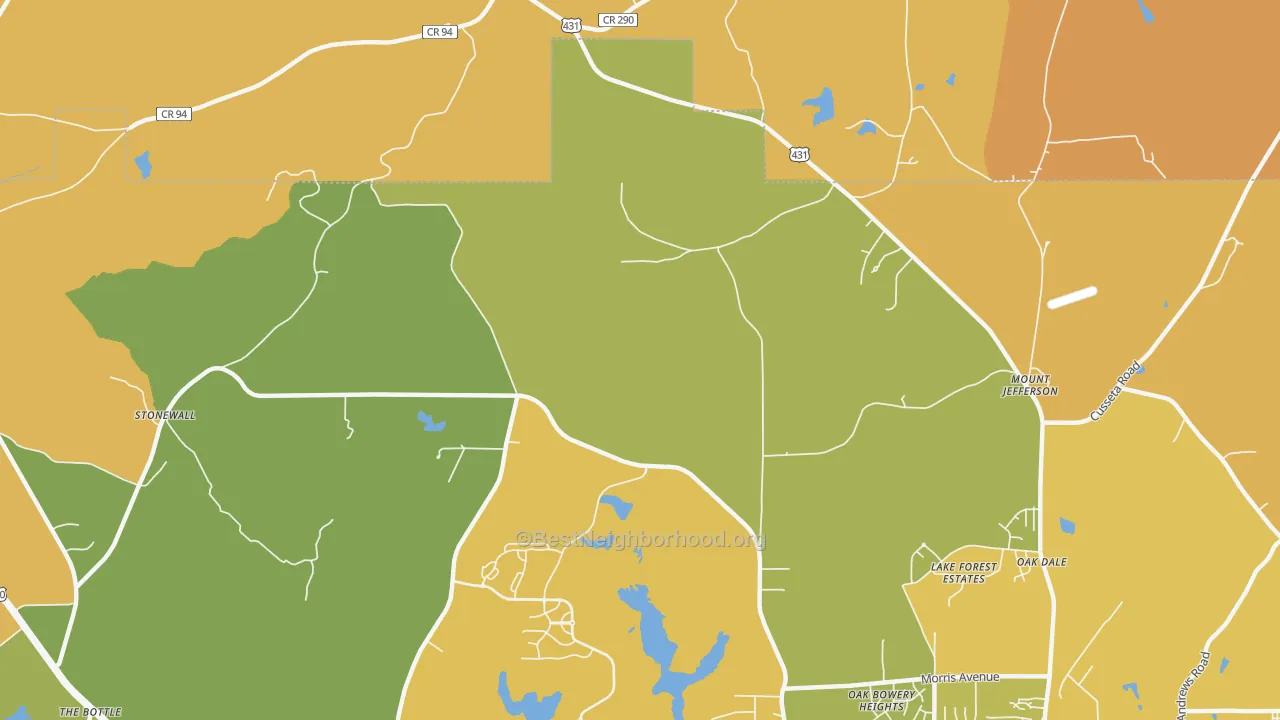 Map of the best neighborhoods in the Farmville area, with better matches in green and worse matches in red