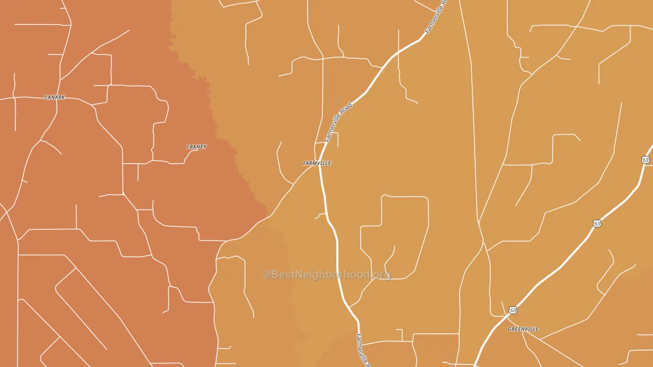 Map of the best neighborhoods in the Farmville area, with better matches in green and worse matches in red