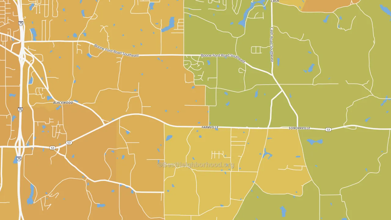 Map of the best neighborhoods in the Farmville area, with better matches in green and worse matches in red