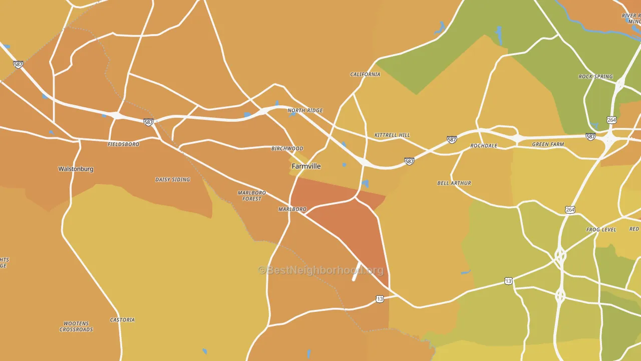 Map of the best neighborhoods in the Farmville area, with better matches in green and worse matches in red