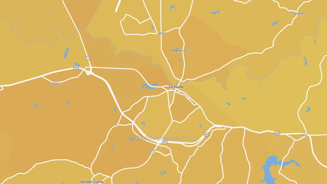 Map of the best neighborhoods in the Farmville area, with better matches in green and worse matches in red