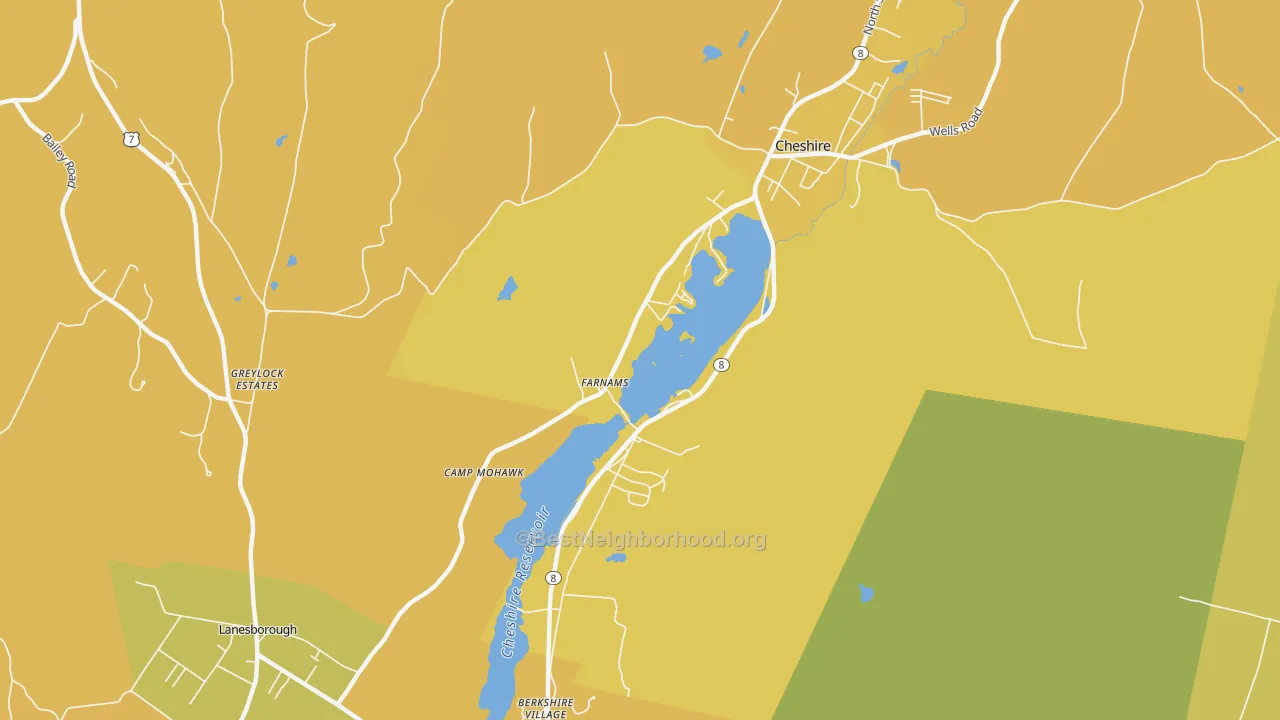 Map of the best neighborhoods in the Farnams area, with better matches in green and worse matches in red