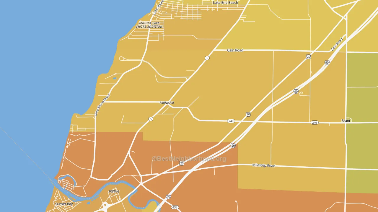 Map of the best neighborhoods in the Farnham area, with better matches in green and worse matches in red