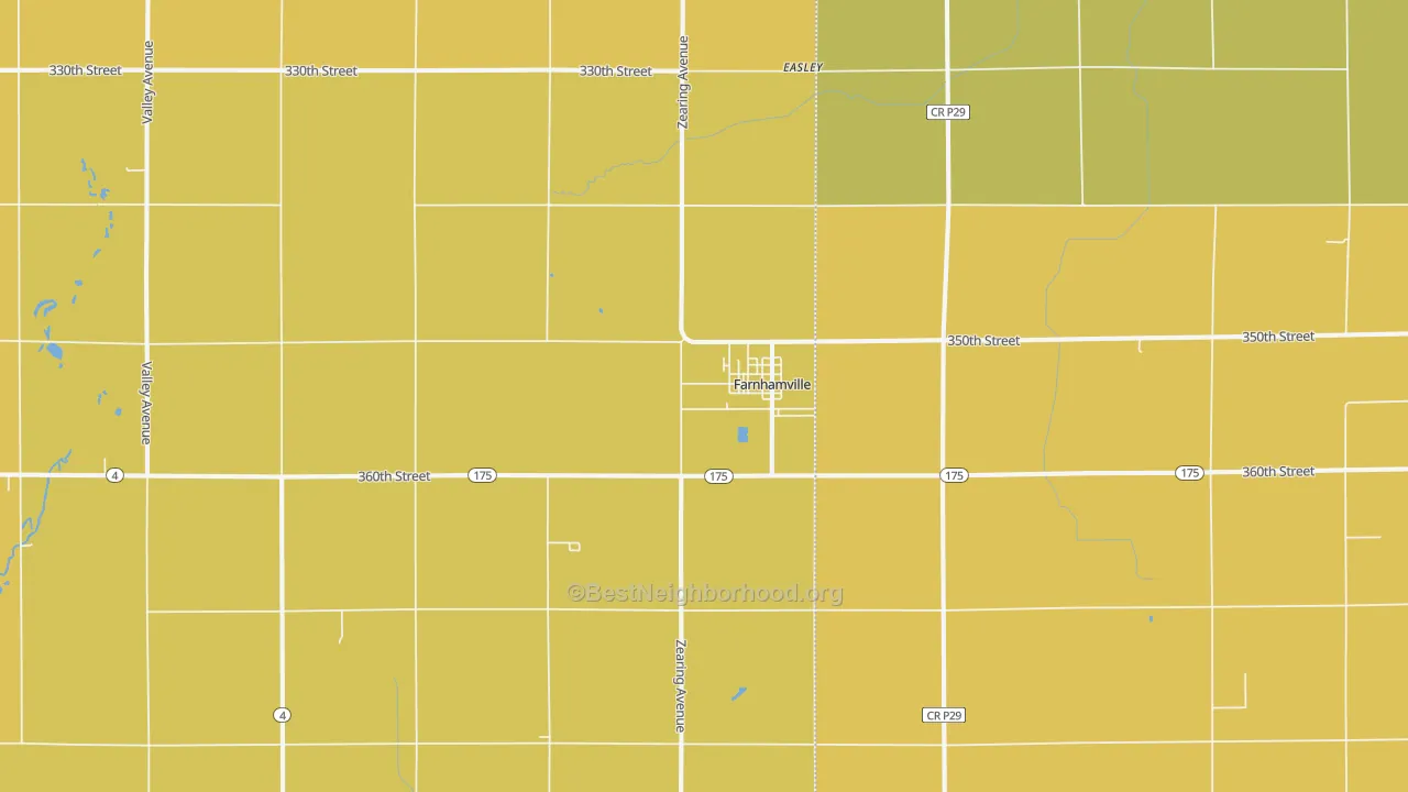 Map of the best neighborhoods in the Farnhamville area, with better matches in green and worse matches in red