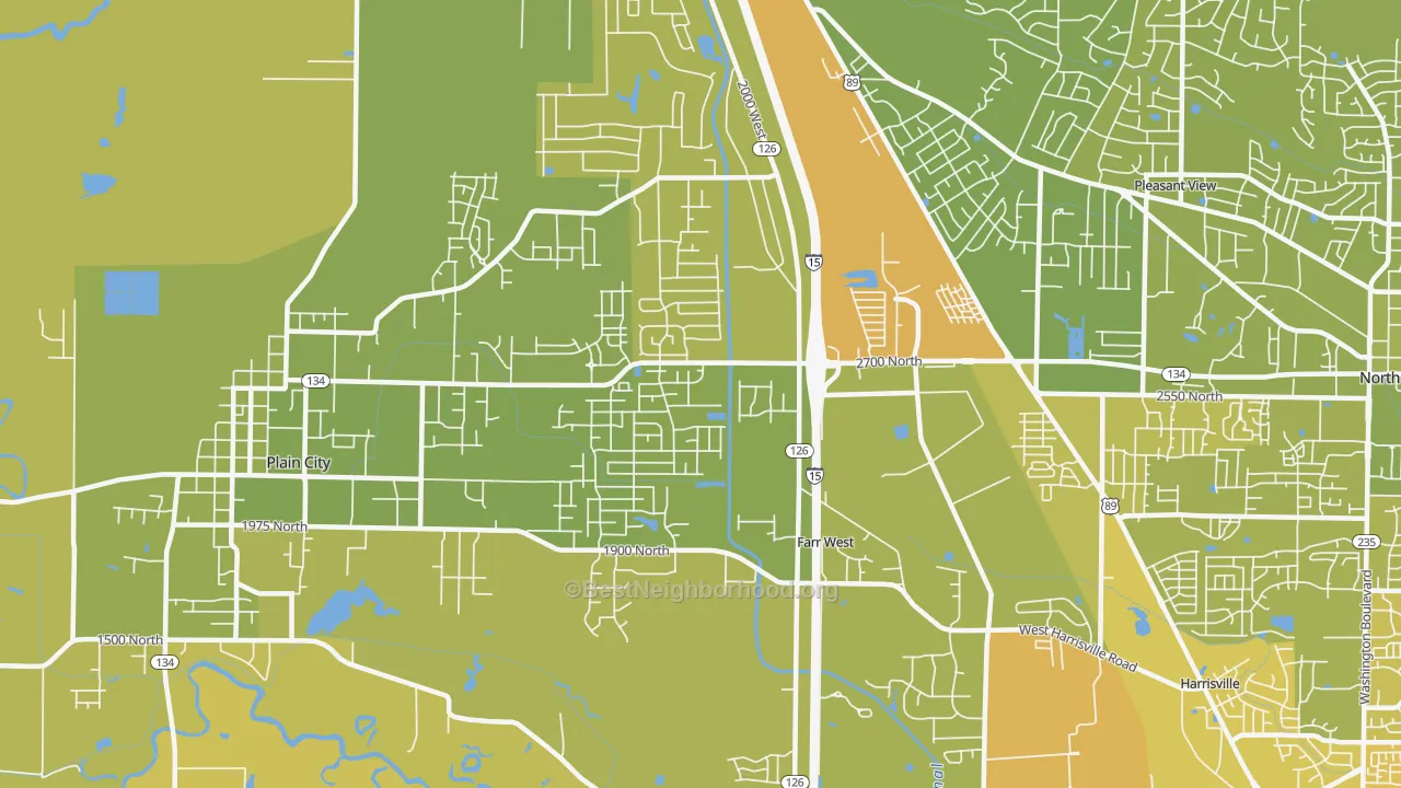 Map of the best neighborhoods in the Farr West area, with better matches in green and worse matches in red