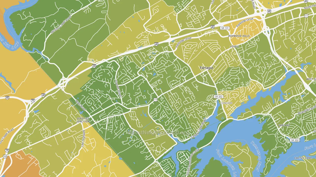Map of the best neighborhoods in the Farragut area, with better matches in green and worse matches in red