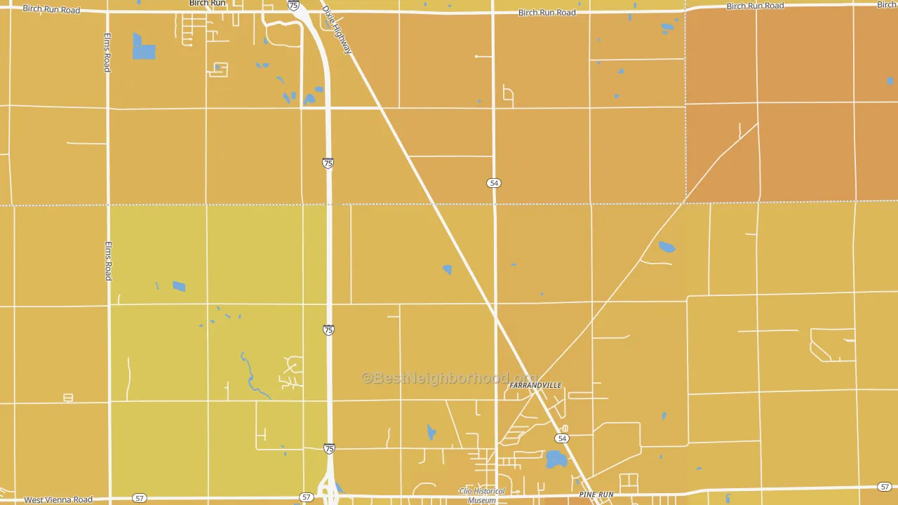 Map of the best neighborhoods in the Farrandville area, with better matches in green and worse matches in red