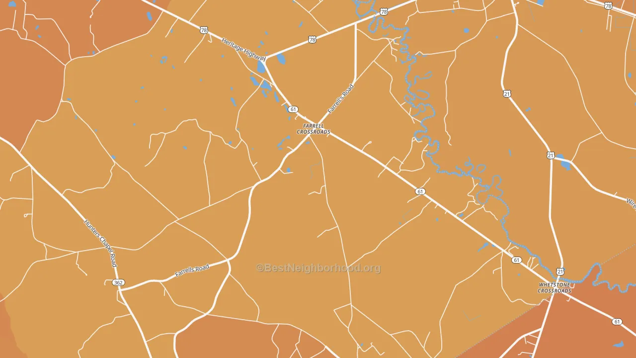 Map of the best neighborhoods in the Farrell Crossroads area, with better matches in green and worse matches in red