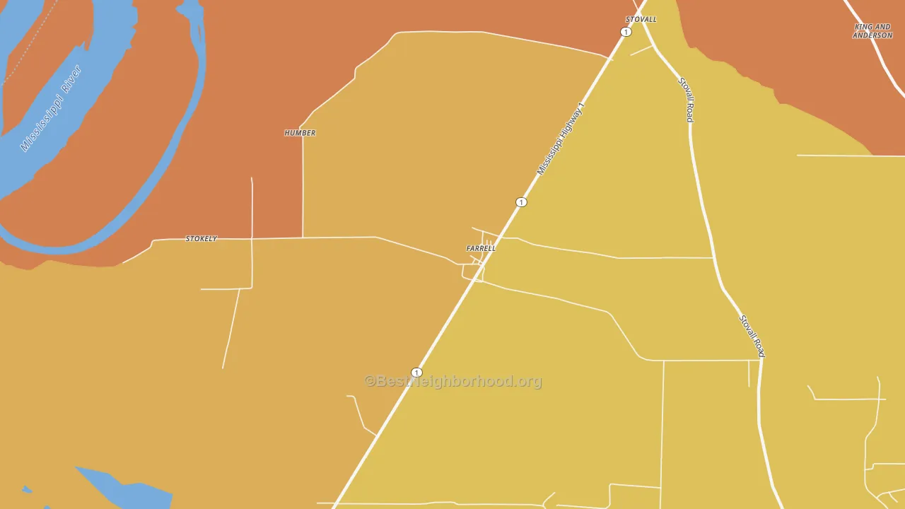 Map of the best neighborhoods in the Farrell area, with better matches in green and worse matches in red