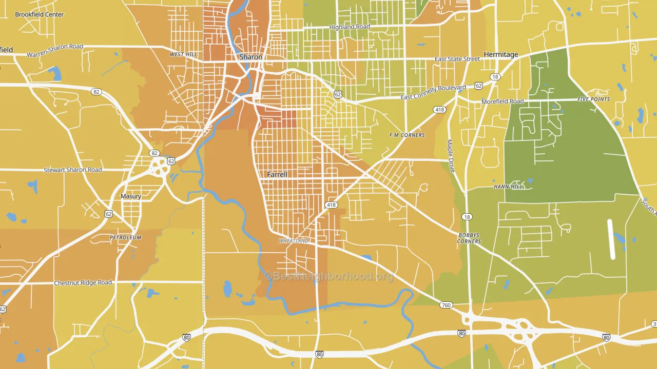 Map of the best neighborhoods in the Farrell area, with better matches in green and worse matches in red