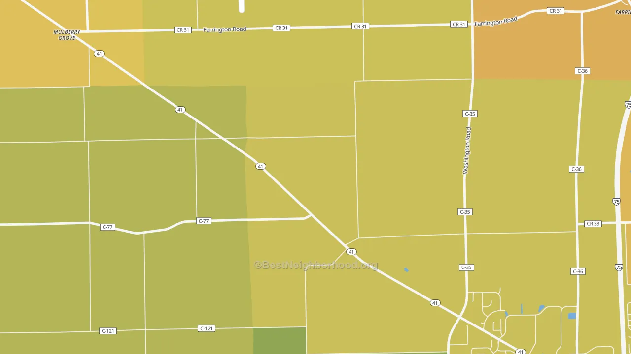 Map of the best neighborhoods in the Farrington area, with better matches in green and worse matches in red