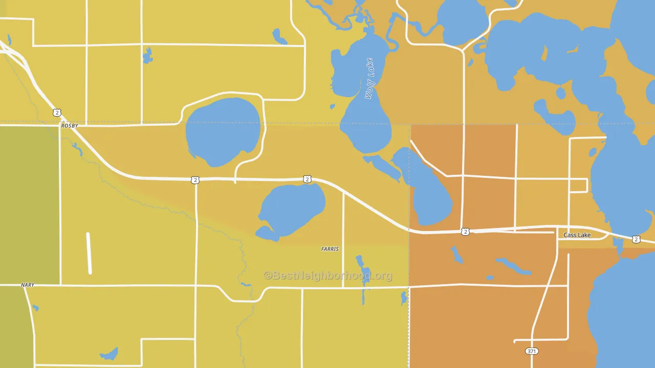 Map of the best neighborhoods in the Farris area, with better matches in green and worse matches in red