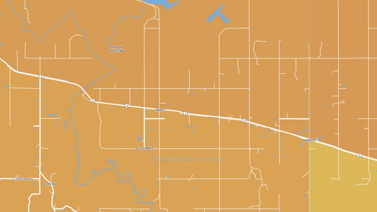 Map of the best neighborhoods in the Farris area, with better matches in green and worse matches in red