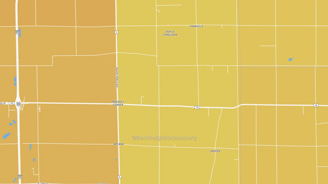 Map of the best neighborhoods in the Farrville area, with better matches in green and worse matches in red