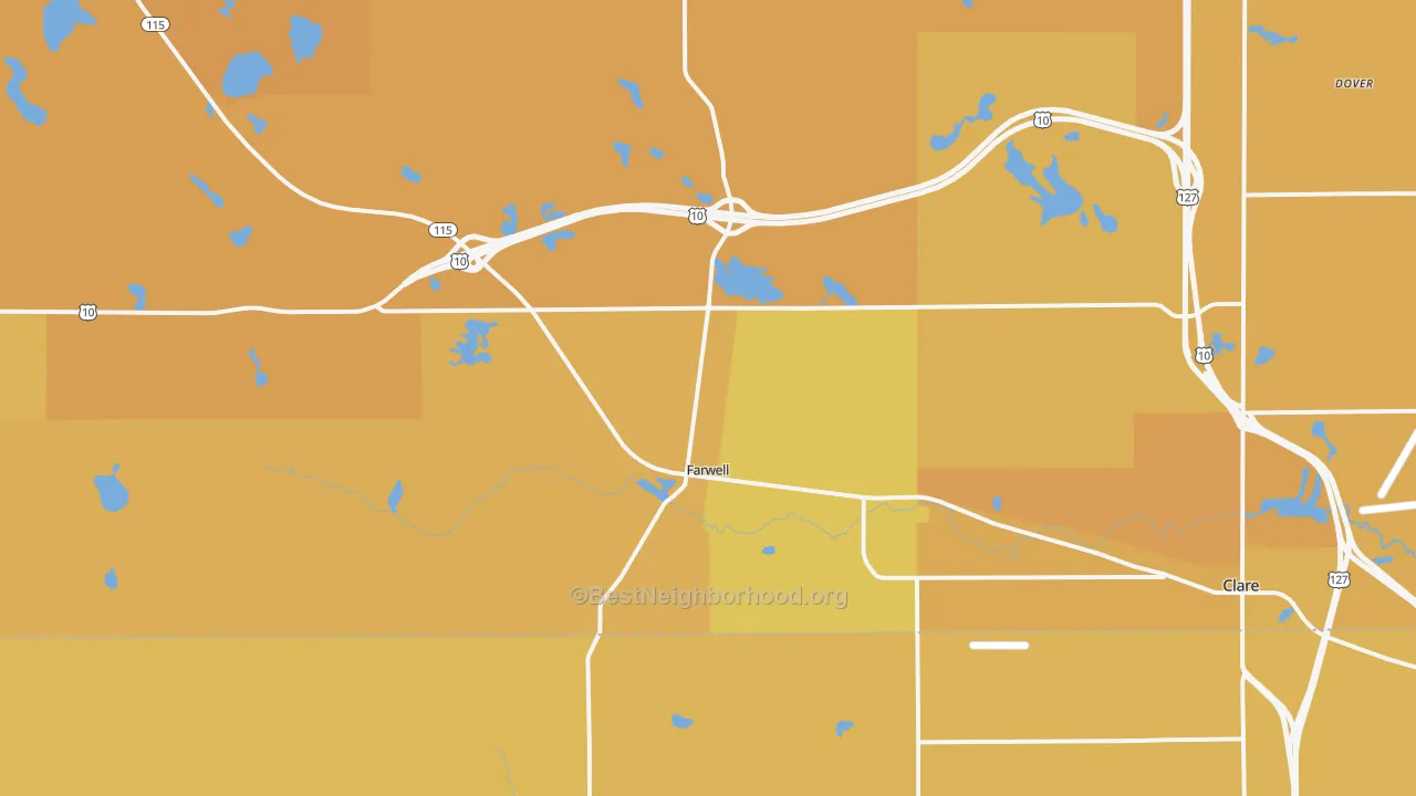 Map of the best neighborhoods in the Farwell area, with better matches in green and worse matches in red