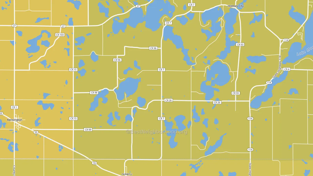 Map of the best neighborhoods in the Farwell area, with better matches in green and worse matches in red