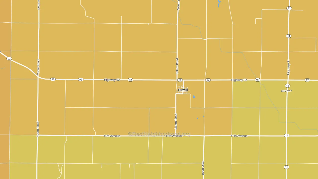 Map of the best neighborhoods in the Farwell area, with better matches in green and worse matches in red