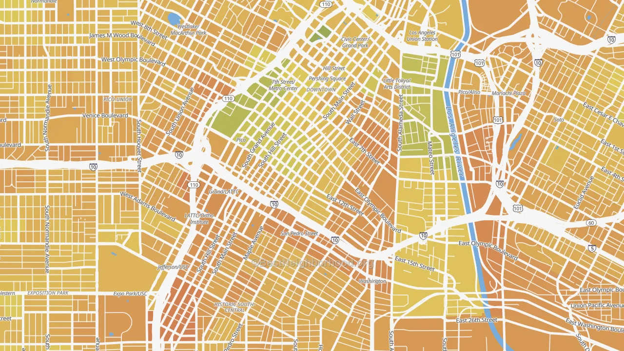 Map of the best neighborhoods in the Fashion District, Los Angeles area, with better matches in green and worse matches in red