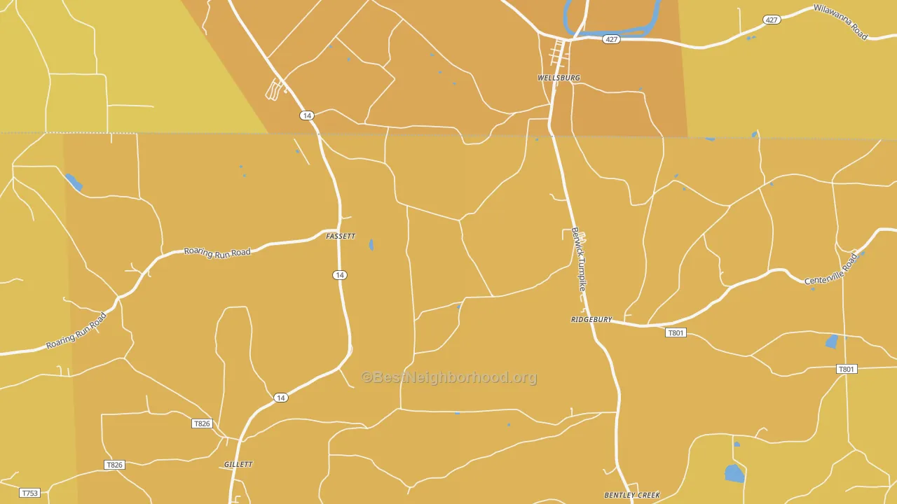 Map of the best neighborhoods in the Fassett area, with better matches in green and worse matches in red
