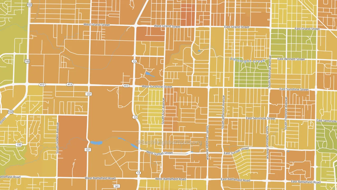 Map of the best neighborhoods in the Fassnight, Springfield area, with better matches in green and worse matches in red
