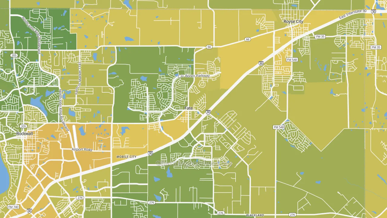 Map of the best neighborhoods in the Fate area, with better matches in green and worse matches in red
