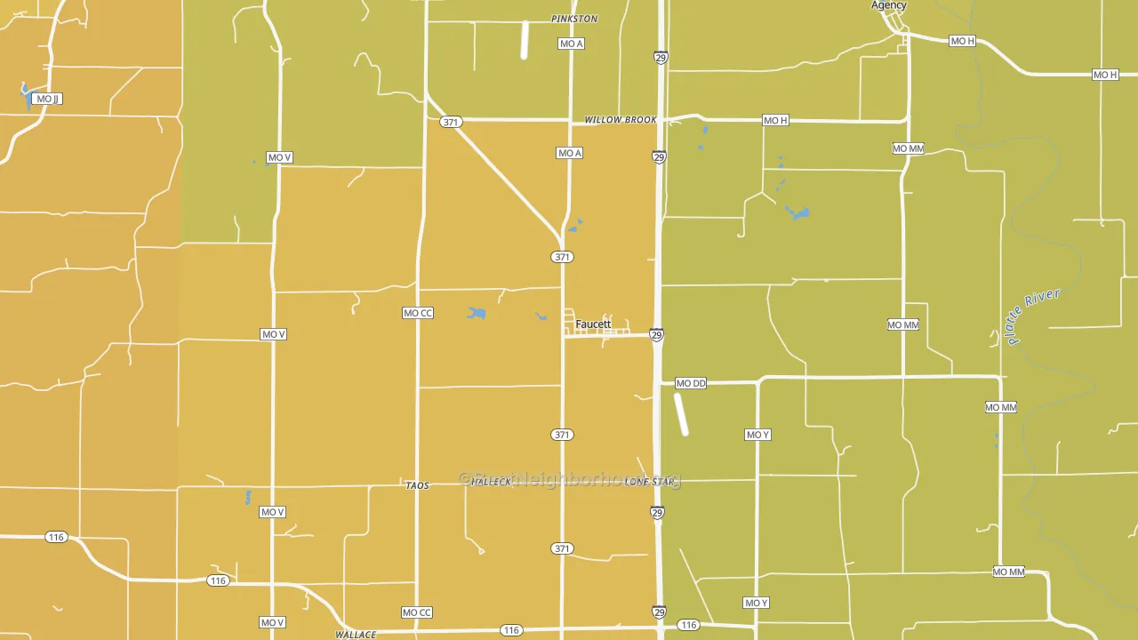 Map of the best neighborhoods in the Faucett area, with better matches in green and worse matches in red