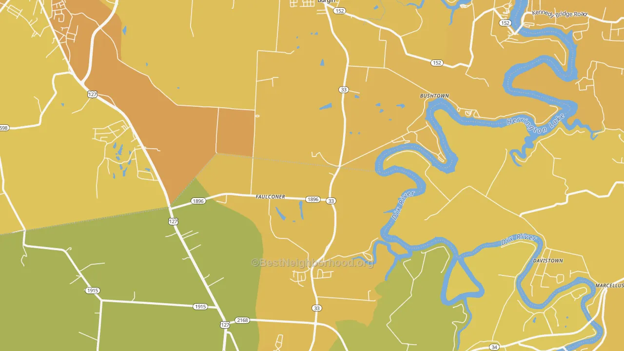 Map of the best neighborhoods in the Faulconer area, with better matches in green and worse matches in red