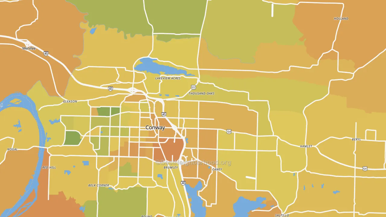 Map of the best neighborhoods in the Faulkner County area, with better matches in green and worse matches in red