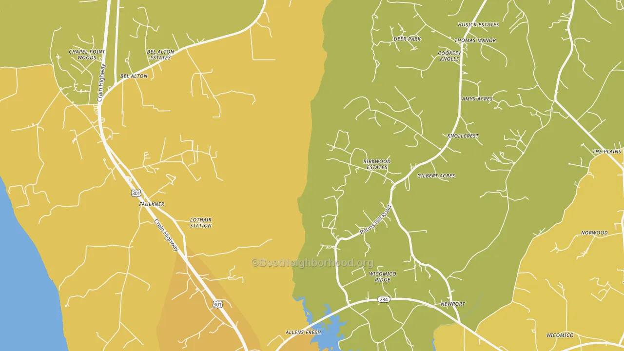 Map of the best neighborhoods in the Faulkner area, with better matches in green and worse matches in red