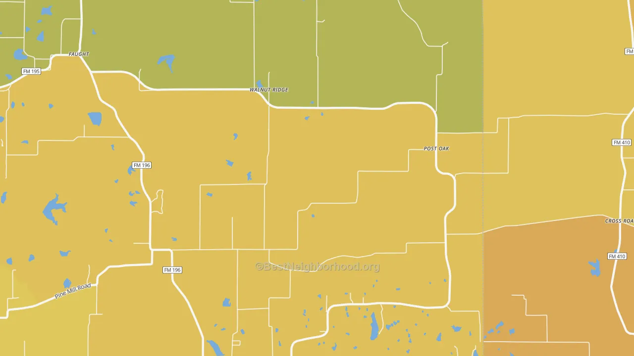 Map of the best neighborhoods in the Faulkner area, with better matches in green and worse matches in red
