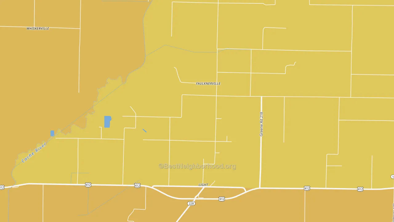 Map of the best neighborhoods in the Faulknerville area, with better matches in green and worse matches in red