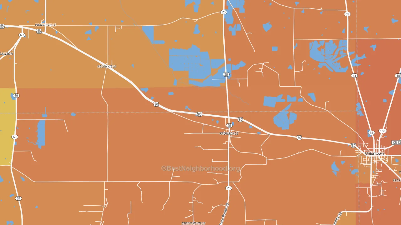 Map of the best neighborhoods in the Faunsdale area, with better matches in green and worse matches in red