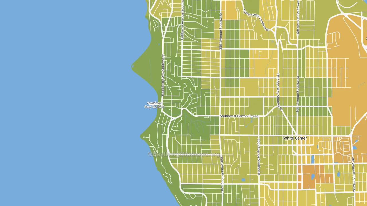 Map of the best neighborhoods in the Fauntleroy, Seattle area, with better matches in green and worse matches in red