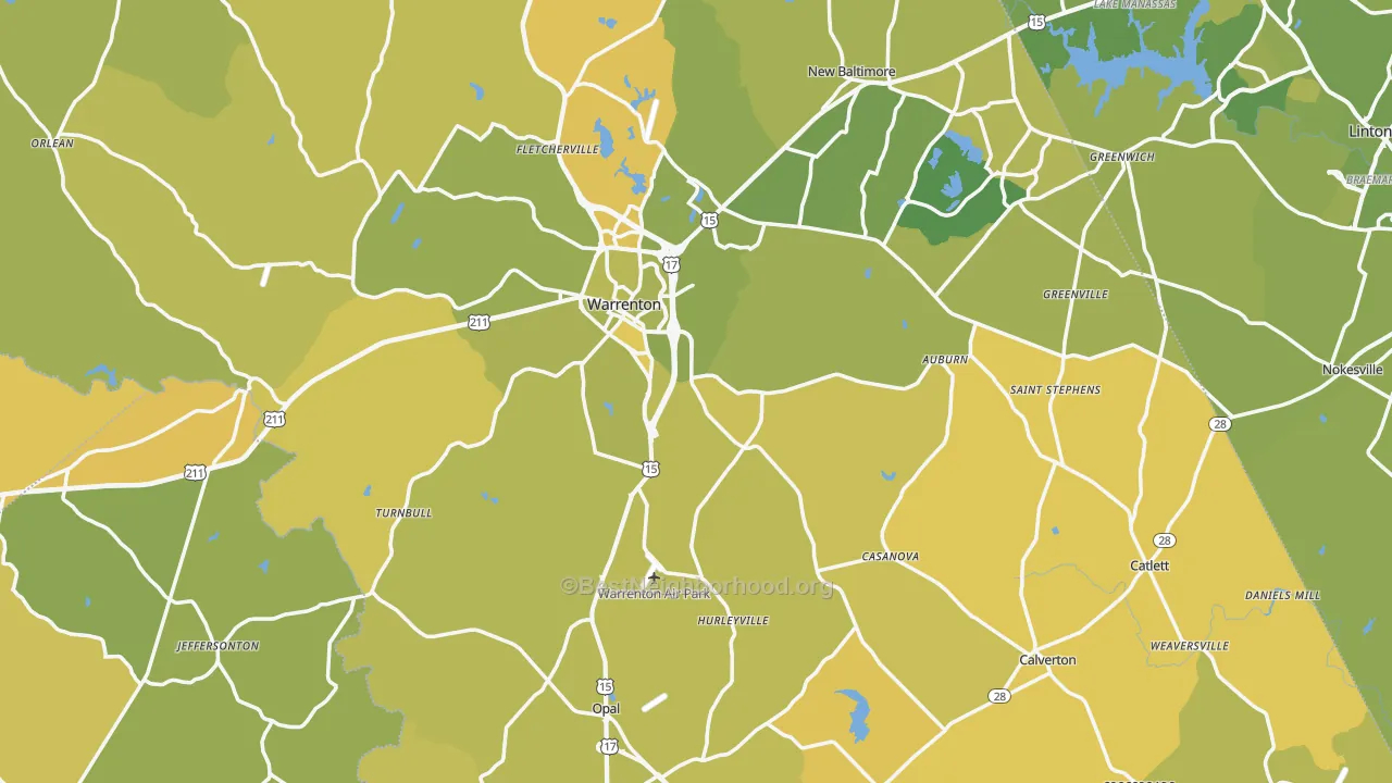 Map of the best neighborhoods in the Fauquier County area, with better matches in green and worse matches in red