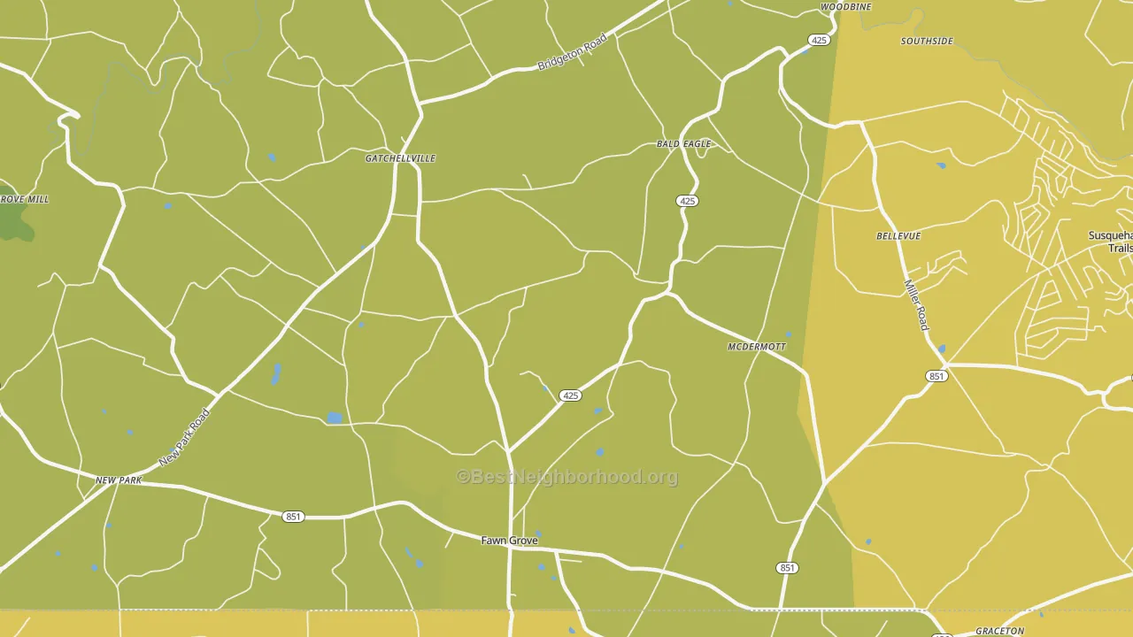 Map of the best neighborhoods in the Fawn Grove area, with better matches in green and worse matches in red