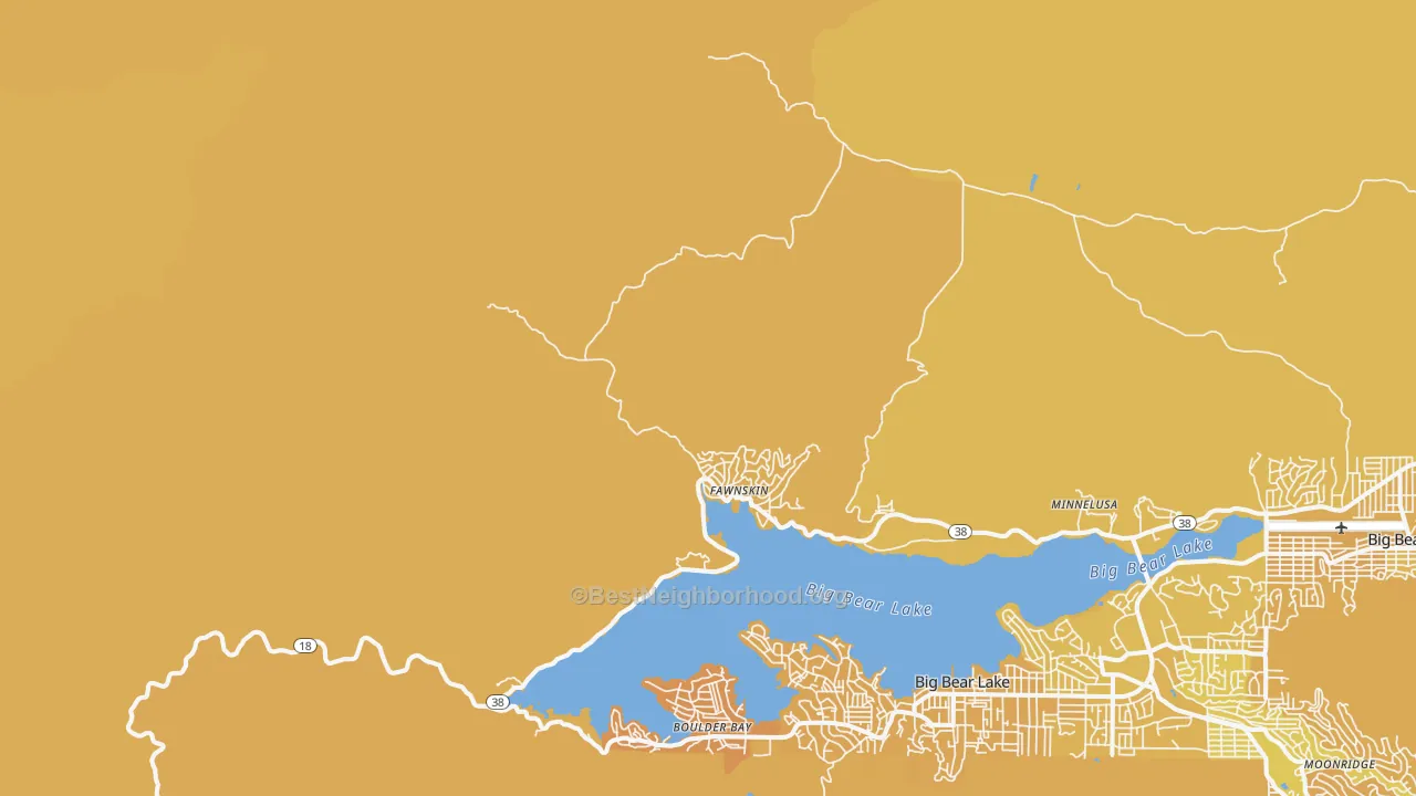 Map of the best neighborhoods in the Fawnskin area, with better matches in green and worse matches in red