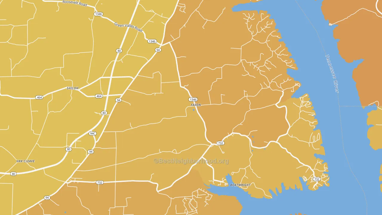 Map of the best neighborhoods in the Faxon area, with better matches in green and worse matches in red