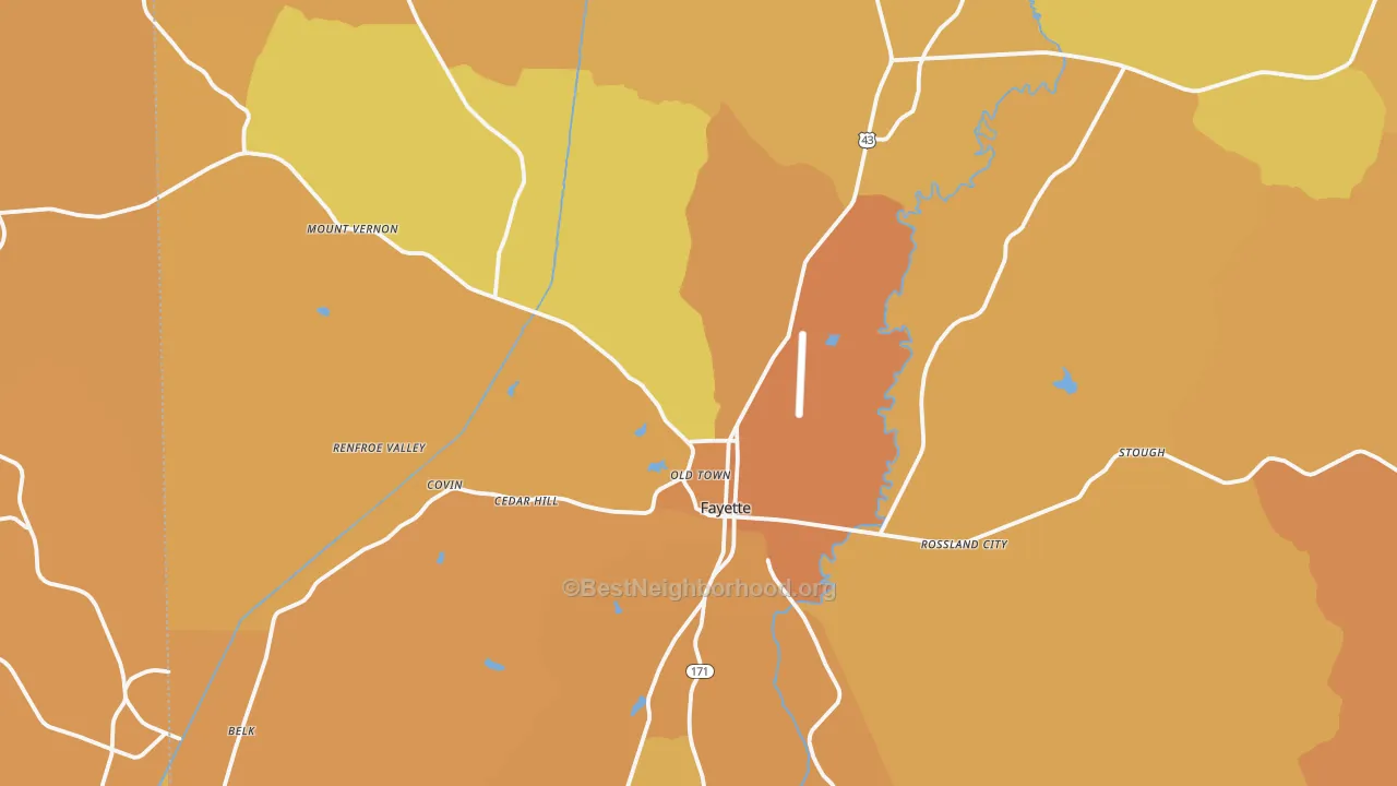 Map of the best neighborhoods in the Fayette area, with better matches in green and worse matches in red