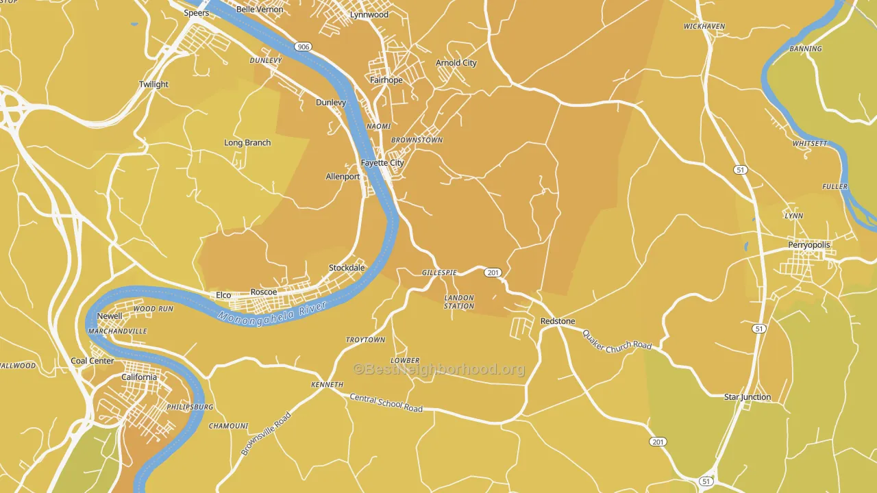 Map of the best neighborhoods in the Fayette City area, with better matches in green and worse matches in red